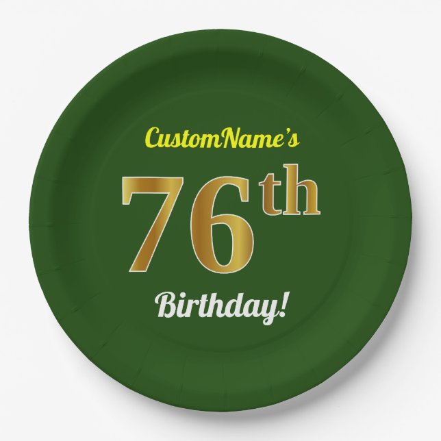 Green, Faux Gold 76th Birthday + Custom Name Paper Plate (Front)