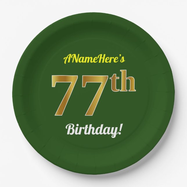 Green, Faux Gold 77th Birthday + Custom Name Paper Plate (Front)