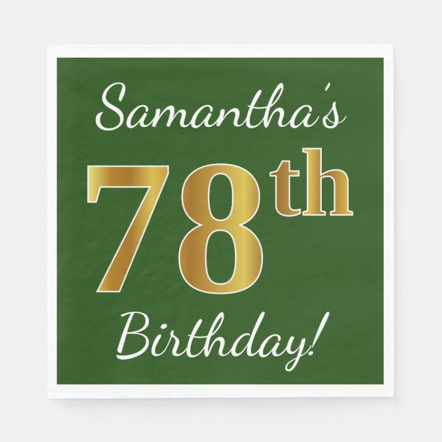 Green, Faux Gold 78th Birthday + Custom Name Napkin (Front)