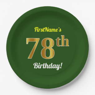 Green, Faux Gold 78th Birthday + Custom Name Paper Plate