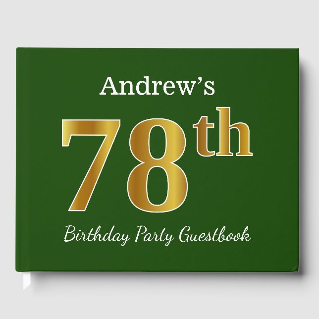Green, Faux Gold 78th Birthday Party + Custom Name Guest Book (Front)