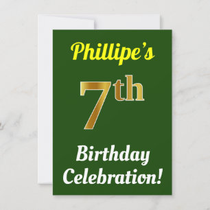 Green, Faux Gold 7th Birthday Celebration + Name Invitation