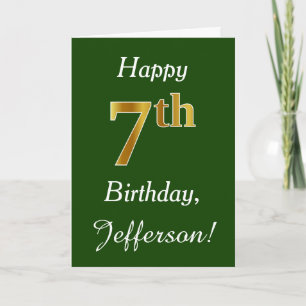 Green, Faux Gold 7th Birthday + Custom Name Card