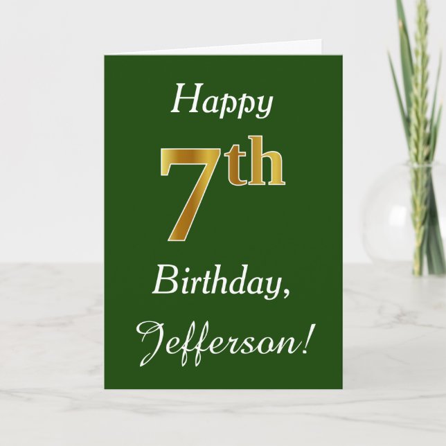 Green, Faux Gold 7th Birthday + Custom Name Card (Front)