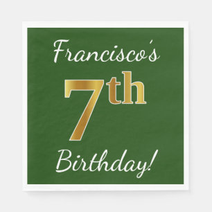Green, Faux Gold 7th Birthday + Custom Name Napkin