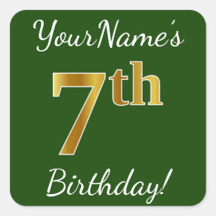 Green, Faux Gold 7th Birthday + Custom Name Square Sticker