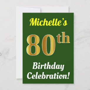 Green, Faux Gold 80th Birthday Celebration + Name Invitation
