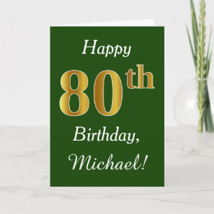 Green, Faux Gold 80th Birthday + Custom Name Card