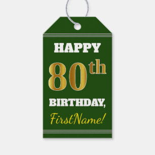 Green, Faux Gold 80th Birthday + Custom Name Gift Tags