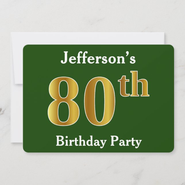 Green, Faux Gold 80th Birthday Party + Custom Name Invitation (Front)