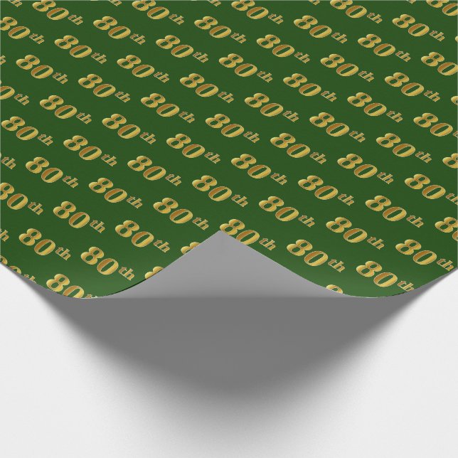 Green, Faux Gold 80th (Eightieth) Event Wrapping Paper (Corner)