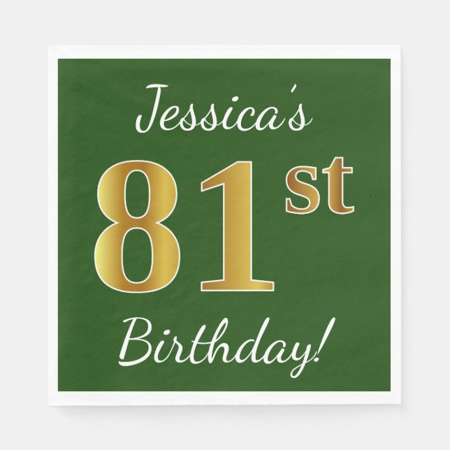 Green, Faux Gold 81st Birthday + Custom Name Napkin (Front)