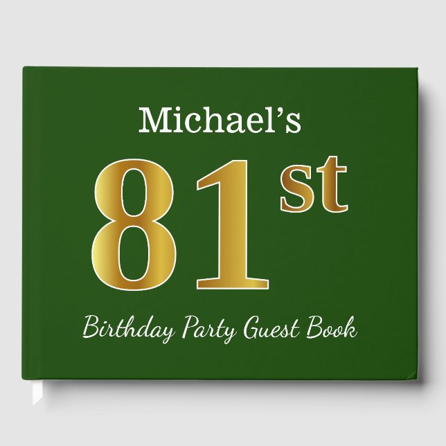 Green, Faux Gold 81st Birthday Party + Custom Name Guest Book (Front)
