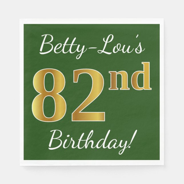 Green, Faux Gold 82nd Birthday + Custom Name Napkin (Front)