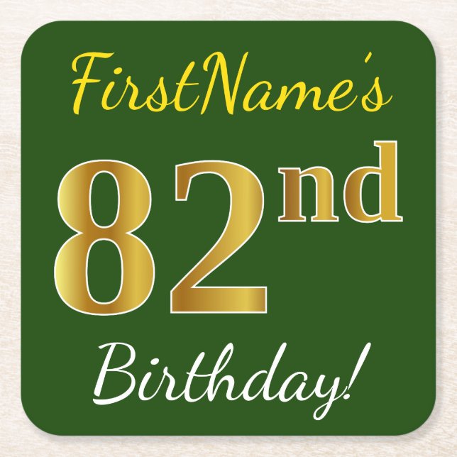Green, Faux Gold 82nd Birthday + Custom Name Square Paper Coaster (Front)