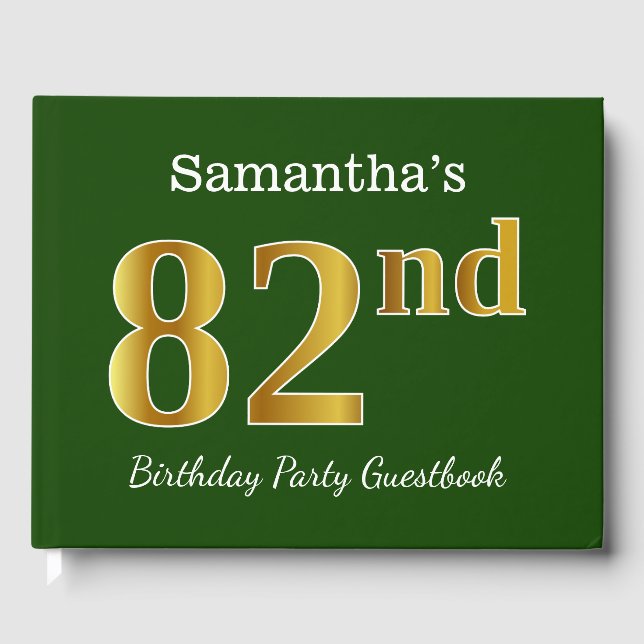 Green, Faux Gold 82nd Birthday Party + Custom Name Guest Book (Front)
