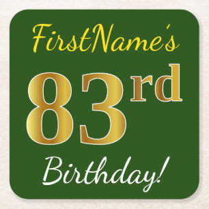 Green, Faux Gold 83rd Birthday + Custom Name Square Paper Coaster