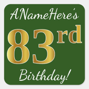 Green, Faux Gold 83rd Birthday + Custom Name Square Sticker