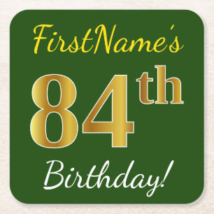 Green, Faux Gold 84th Birthday + Custom Name Square Paper Coaster