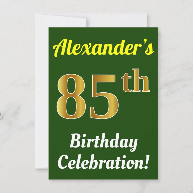 Green, Faux Gold 85th Birthday Celebration + Name Invitation (Front)