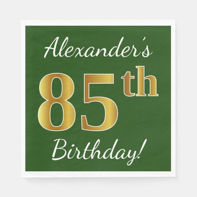 Green, Faux Gold 85th Birthday + Custom Name Napkin (Front)