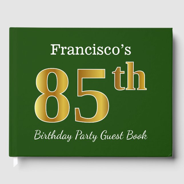 Green, Faux Gold 85th Birthday Party + Custom Name Guest Book (Front)