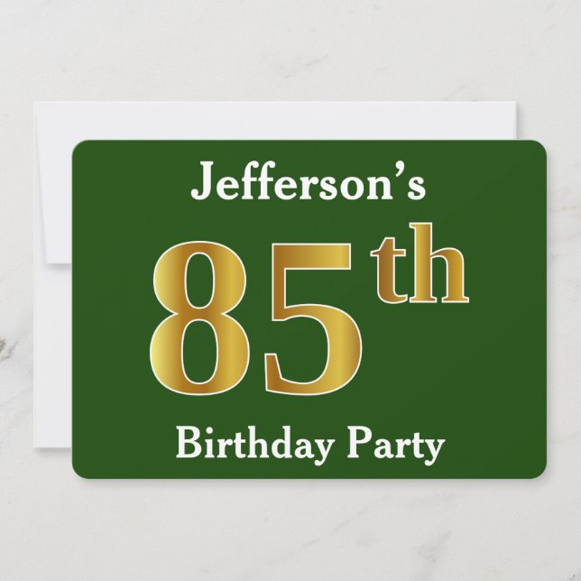 Green, Faux Gold 85th Birthday Party + Custom Name Invitation (Front)