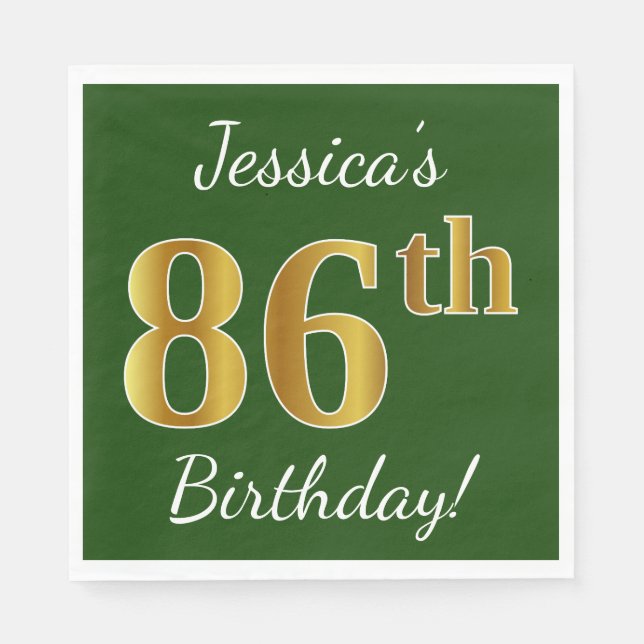 Green, Faux Gold 86th Birthday + Custom Name Napkin (Front)