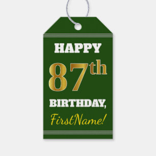 Green, Faux Gold 87th Birthday + Custom Name Gift Tags