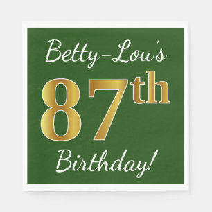 Green, Faux Gold 87th Birthday + Custom Name Napkin