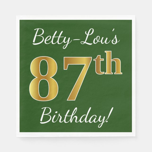 Green, Faux Gold 87th Birthday + Custom Name Napkin (Front)