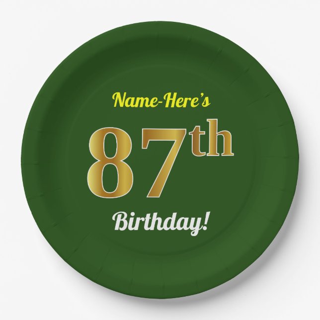 Green, Faux Gold 87th Birthday + Custom Name Paper Plate (Front)