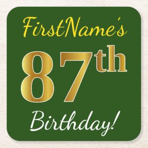 Green, Faux Gold 87th Birthday + Custom Name Square Paper Coaster