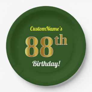 Green, Faux Gold 88th Birthday + Custom Name Paper Plate
