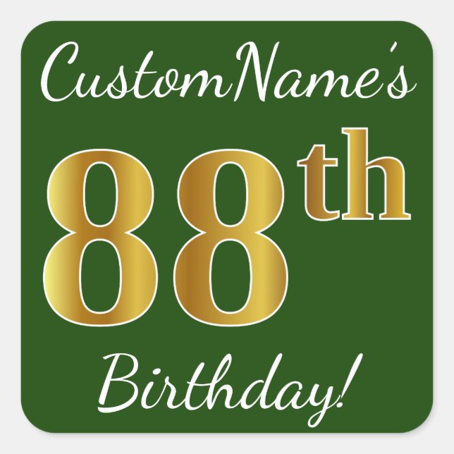 Green, Faux Gold 88th Birthday + Custom Name Square Sticker (Front)