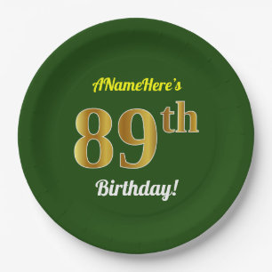 Green, Faux Gold 89th Birthday + Custom Name Paper Plate