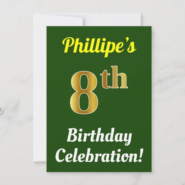 Green, Faux Gold 8th Birthday Celebration + Name Invitation (Front)