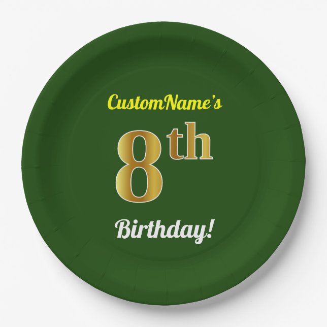 Green, Faux Gold 8th Birthday + Custom Name Paper Plate (Front)