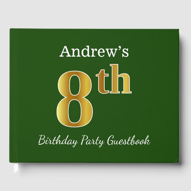 Green, Faux Gold 8th Birthday Party + Custom Name Guest Book (Front)