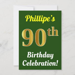 Green, Faux Gold 90th Birthday Celebration + Name Invitation
