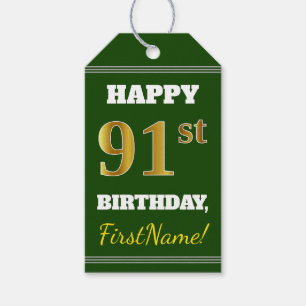 Green, Faux Gold 91st Birthday + Custom Name Gift Tags