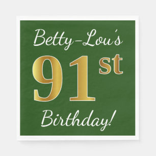 Green, Faux Gold 91st Birthday + Custom Name Napkin