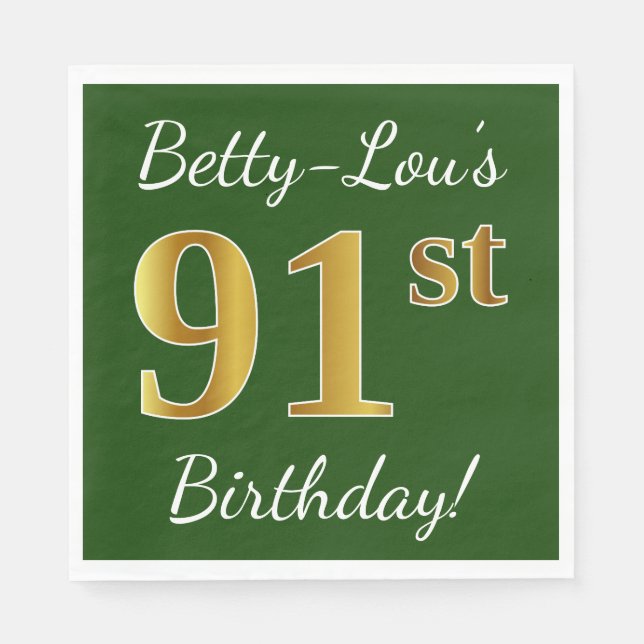 Green, Faux Gold 91st Birthday + Custom Name Napkin (Front)