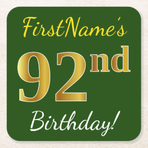 Green, Faux Gold 92nd Birthday + Custom Name Square Paper Coaster