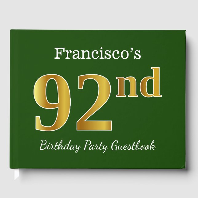 Green, Faux Gold 92nd Birthday Party + Custom Name Guest Book (Front)
