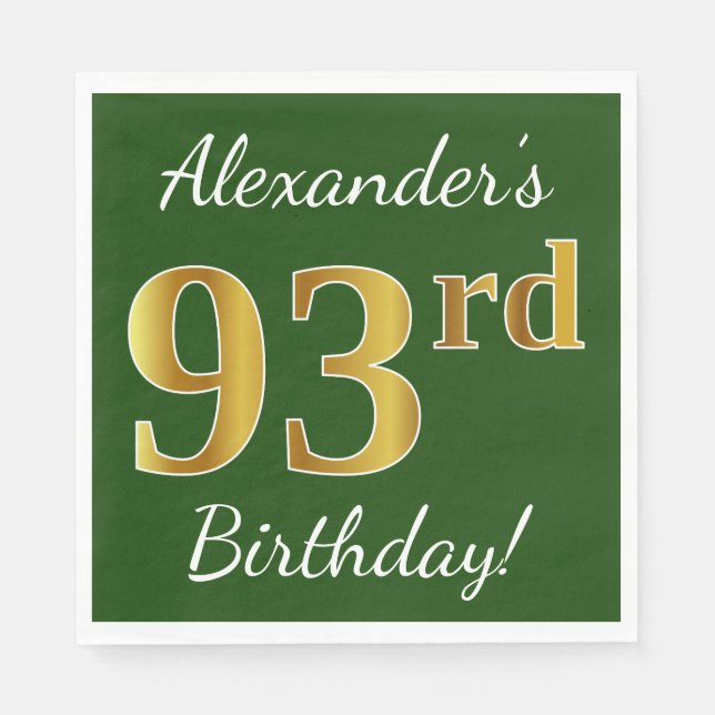 Green, Faux Gold 93rd Birthday + Custom Name Napkin (Front)