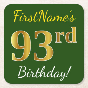 Green, Faux Gold 93rd Birthday + Custom Name Square Paper Coaster