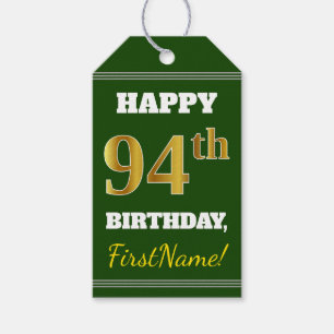 Green, Faux Gold 94th Birthday + Custom Name Gift Tags
