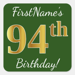 Green, Faux Gold 94th Birthday + Custom Name Square Sticker