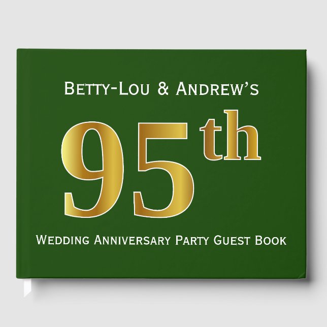 Green, Faux Gold 95th Wedding Anniversary Party Guest Book (Front)